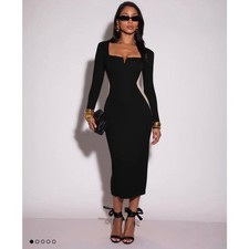 TA3 Notchy Long Sleeve Contour Midi Dress L Black Oat NWT Shapewear Corset picture