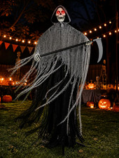 185cm Grim Reaper Halloween Yard Stake Red Eyes Scythe Outdoor Graveyard Decor picture