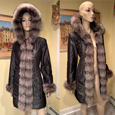 New BASLER Charcoal Gray Size 4/6 Small Blue/Silver Fox Trim Hooded Puffer Coat picture