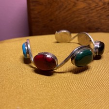 Vintage Taxco Mexico .925 Sterling Silver Multi-Gems Wave Design Cuff Bracelet  picture
