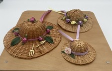 Lot Of 3 Vintage Miniature Dollhouse Straw Gardening Hats Ribbons Flowers Tools picture