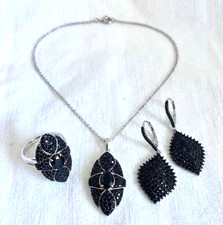 JTV Black SpinelSterling Silver 3-Piece Jewelry Set NIB Necklace Earrings Ring picture
