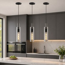 3 Pack Pendant Light Cylinder Glass Chandelier Kitchen Living Room Black Fixture picture