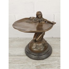 Woman Bronze Statue Lady Sculpture Lily Leaf Candy Dish Card Tray Female Marble picture