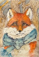 Origional Watercolor  ACEO Fox with scarf in woods by artist Edith Schmidt picture
