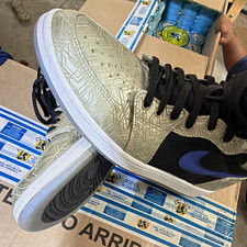 Jordan Men's Mid Top Basketball Sneakers Geometric Lace-Up Silver Black picture