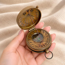 Handmade Antique Brass Sundial Compass with Leather Case, Vintage Pocket Compass picture
