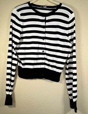 H&M Womens M Black White Striped Knit Button-Front Round Neck Cardigan Sweater picture
