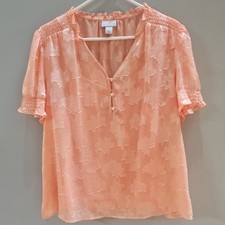 Liz Claiborne NWT L Large Papaya Punch Coral Pink Ruffle Neck Floral Blouse picture