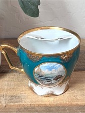 Antique 1909 Three Crown China Germany Porcelain Mustache Cup Teal Gold Nautical picture