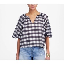 Madewell Women's Gingham Buffalo Plaid Bubble Sleeve Top Silk Blend 12 New picture