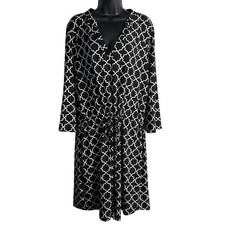 Tacera Black White Geometric Quatrefoil V-Neck Drawstring Dress 2X 4609RKX picture