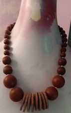 Vintage 1980s Unique Graduated Natural Wood Bead with Cork Disks Necklace picture