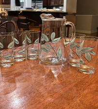 Vintage MCM 6-Piece Pitcher and Glass Set - Salem Biscayne Aqua Leaf Blue Floral picture