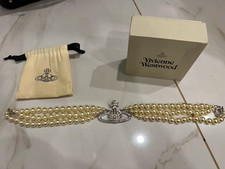Vivienne Westwood Faux Pearl Choker Necklace Crystal Orb Charm, Signed picture
