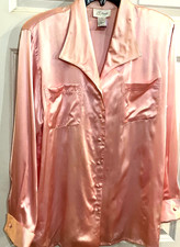 Vtg K ARNOLD Womens 100% Silk Satin Blouse Pink Button-Up Chest Pockets Top Sz M picture