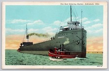 Ashtabula Ohio OH Ore Boat Entering Harbor Tugboat Postcard c1930s picture