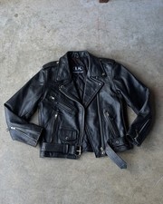 Leather King Moto Biker Jacket Mens S Black Belted Asymmetric Zip Cuffs Epaulets picture