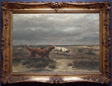 Vintage Oil Painting Hunting Dogs in Moorland Landscape Classical Animal Art picture