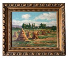 French Impressionist Style Haystacks Oil Painting Signed Early 1900s Gilt Frame picture