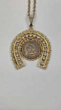 Vintage 1908 Indian Head Penny In Horseshoe Pendant With Rhinestones & Chain picture