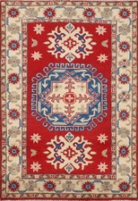 Traditional Hand-made Red/ Ivory Super Kazak Geometric Oriental Accent Rug 3'x4' picture