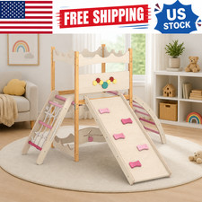6-in-1 Wooden Indoor Play Climber with Slide, Swing, Rock Wall, Rope Ladder Gym picture