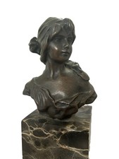 EMMANUEL VILLANIS CENDRILLON ART NOUVEAU BRONZE BUST PORTORO MARBLE picture