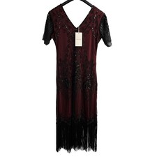 Babeyond Dress Womens L Red Sheer Black Mesh Beaded Fringe Midi Gatsby Flapper picture