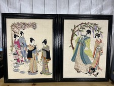 Pair Of Vintage 1970s Ukiyo-e-style crewel and silk embroidery wall art Pieces. picture