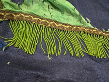 Antique Victorian Green Beaded Fringe Trim with Silk Fabric - 15x15