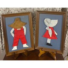 Vintage 1970s Sunbonnet Sue Overall Sam Framed Fabric Applique Folk Art Pair picture