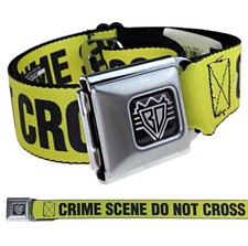 Crime Scene Do Not Cross Tape Seatbelt Style Belt Buckle Down Black & Yellow picture