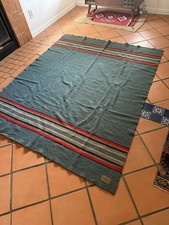 Pendleton Yakima Camp Wool Blanket Heather Green Yellow Red Black Striped 82x68 picture