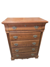 Vintage Vaughan Bassett Oak 5 Drawer Highboy Dresser Tall Bedroom Chest picture