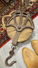 Vintage Wood Single Sheave Pulley Block & Tackle, Vintage Style w/ Hook Rope picture