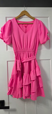 Lilly Pulitzer Pink Solid V-Neck Puff Sleeve Ruffle Belted Mini Dress Sz 0 picture