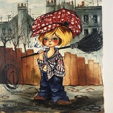 Vintage Big Eye Poulbot Painting Street Urchin French Canvas 8F Mid Century picture