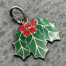 Vintage Beau Sterling Silver 925 Holly Leaf Red Berries Enamel Charm 1972 picture