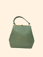 1960s Pretty Vintage Green Leather Handbag Structured Frame Top Handle Purse picture