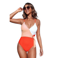 Cupshe Wome'n Colorblock Wrap One Piece Swimsuit Side Tie - (Orange/White, Sm) picture