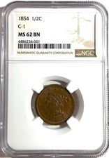 1854 Braided Hair Half Cent - NGC C-1 (Cohen-1) MS62 BN - Very Pretty Coin picture