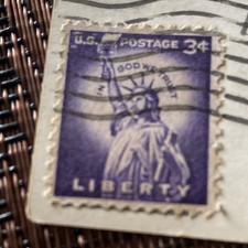 Vintage 1958 3 Cent Purple Liberty Stamp Rare on Postcard (See Pics For Details picture