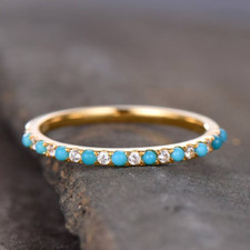Round Natural Blue Turquoise & Diamond Women's Ring Solid 14k Yellow Gold picture