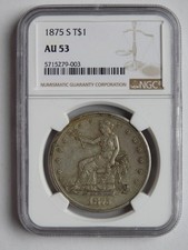 1875-S TRADE SILVER DOLLAR NGC AU-53, OBVERSE 1, REVERSE 1 picture