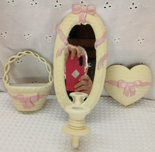 VINTAGE HOME INTERIORS BURWOOD PINK BOW WICKER WALL DECOR 3 PC MIRROR SCONCE SET picture