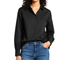 NWT Chico's Black Poplin Top BUTTON-UP SHIRT Billow Sleeves SATEEN Stretch L/2 picture