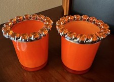 Vintage Pair Of MCM Glass Votive Holders W/Amber Rhinestones For Fall/Halloween  picture
