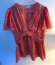 Max Studio Women’s L Red/White Floral V-Neck Flutter Sleeve Smocked Blouse picture