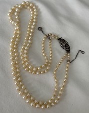 Antique European 1920s Double Strand Natural Pearl Necklace 935 Marcasite Clasp picture